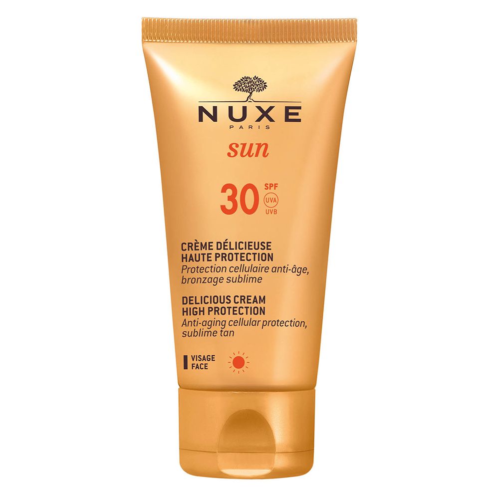 Tube doré Nuxe Sun SPF30. Crème solaire haute protection UVA/UVB pour le visage.