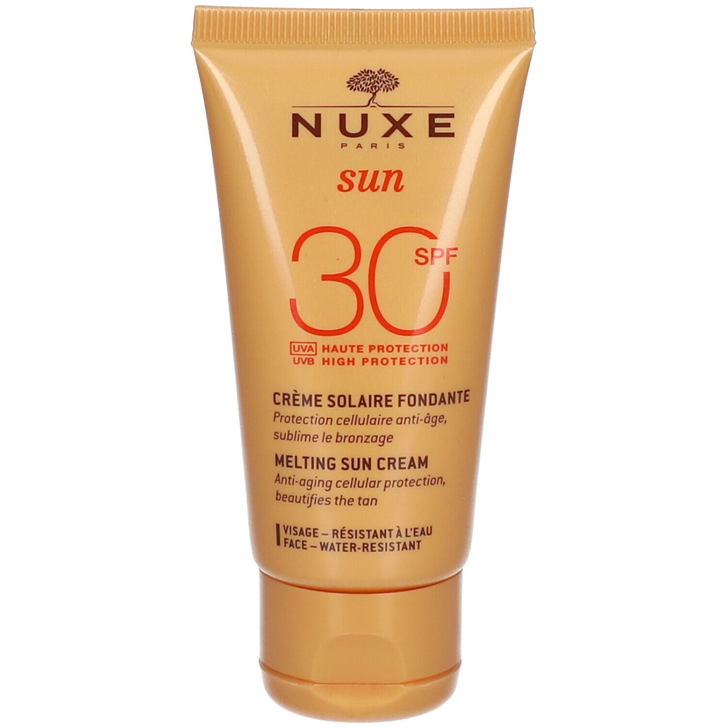 Tube doré Nuxe Sun SPF30. Crème solaire haute protection UVA/UVB pour le visage.