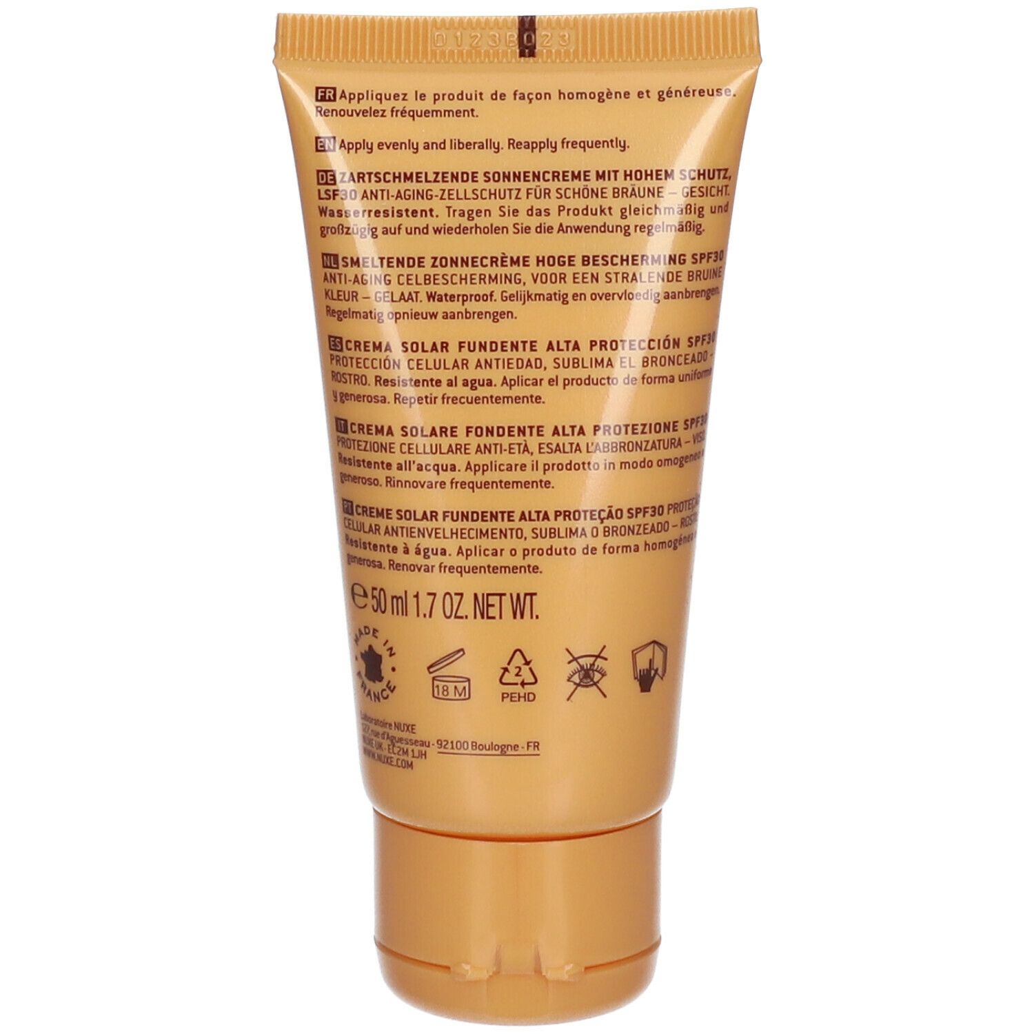 Dos du tube Nuxe Sun SPF30. Texte en allemand, français, italien, néerlandais.