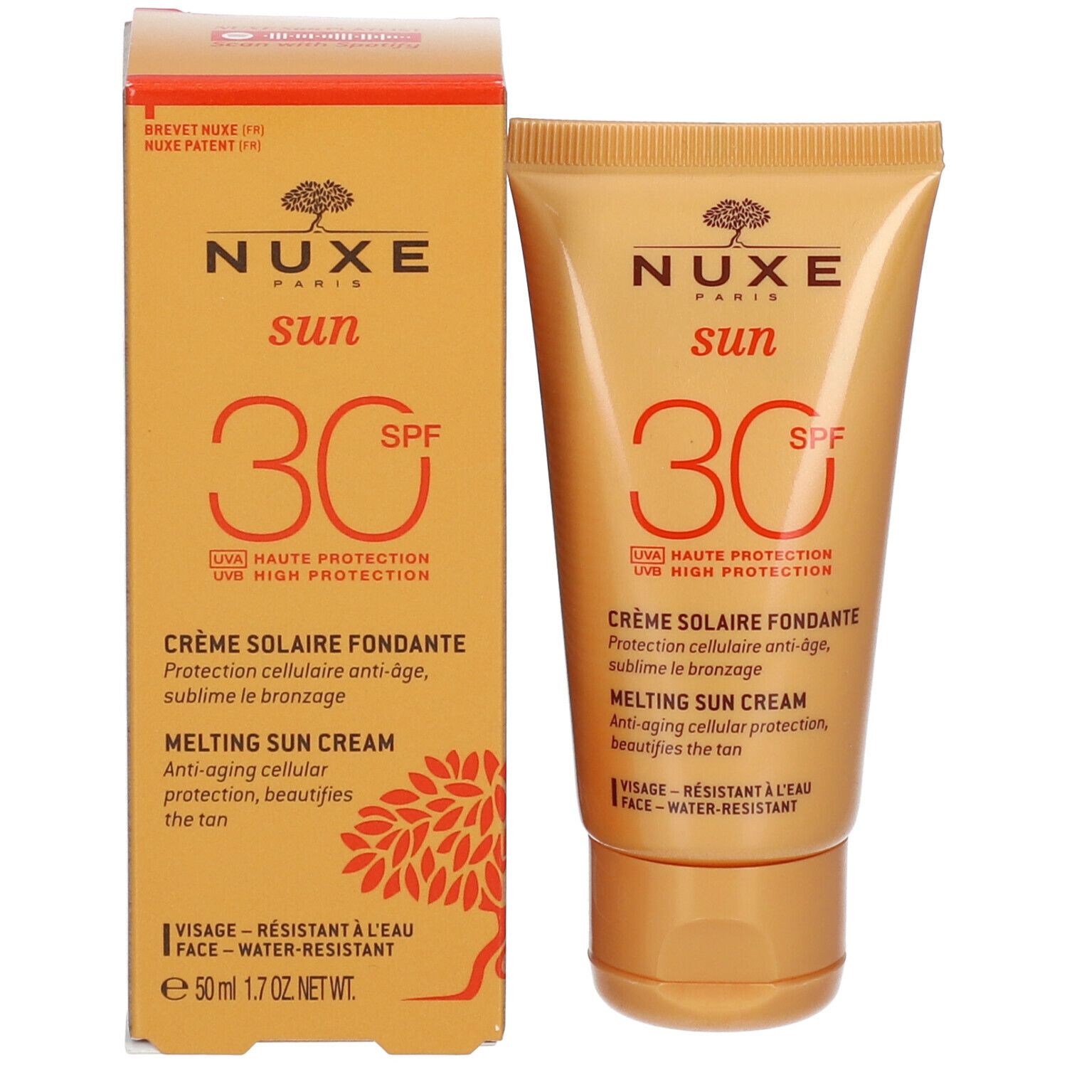 Nuxe Sun SPF30 et emballage. Tube doré et carton avec informations produit.