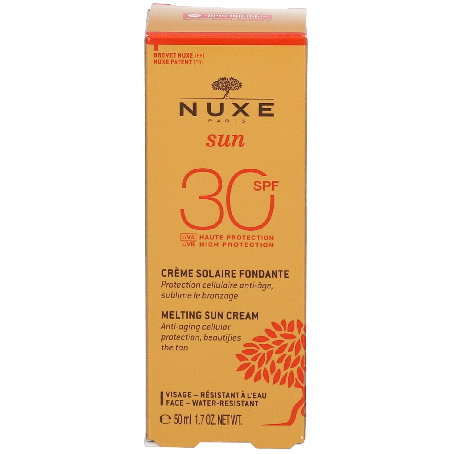 Emballage carton Nuxe Sun SPF30. Nom du produit, SPF 30 et logo visibles.