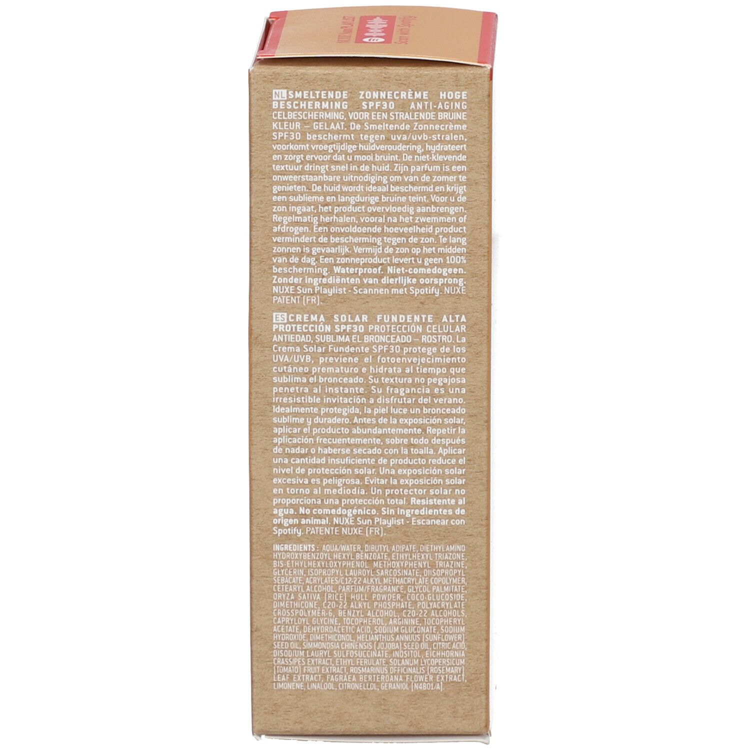 Dos de l'emballage Nuxe Sun SPF30. Texte multilingue, ingrédients.