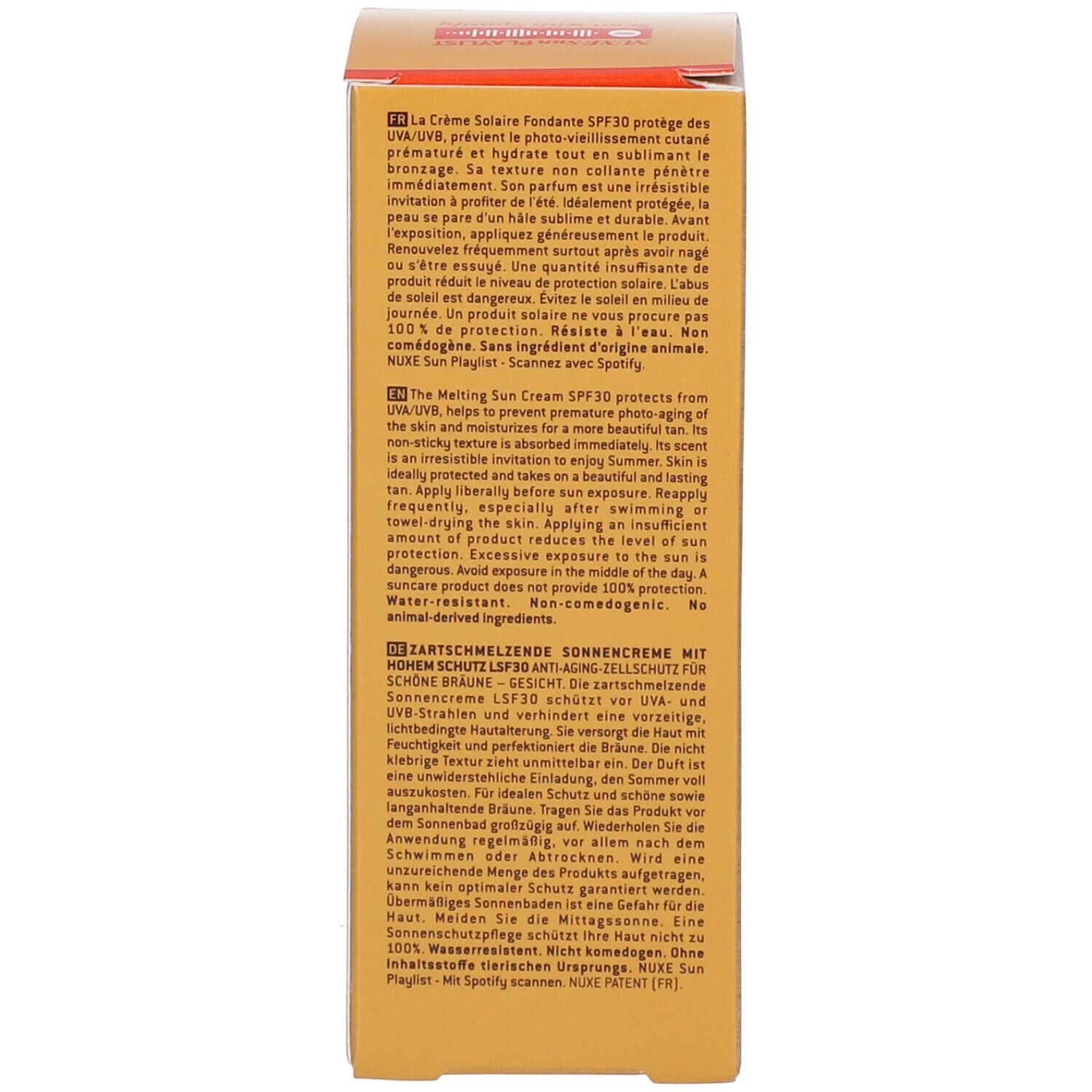 Dos de l'emballage Nuxe Sun SPF30. Texte multilingue, ingrédients.