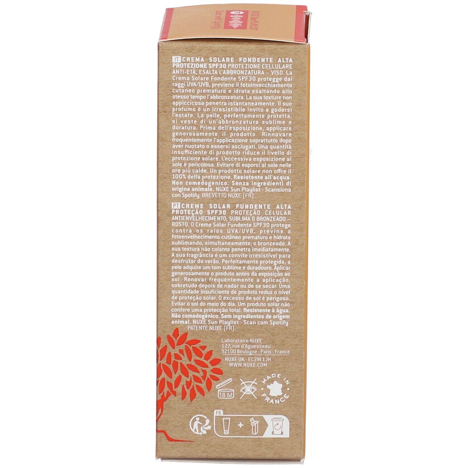 Dos de l'emballage Nuxe Sun SPF30. Texte multilingue, ingrédients.