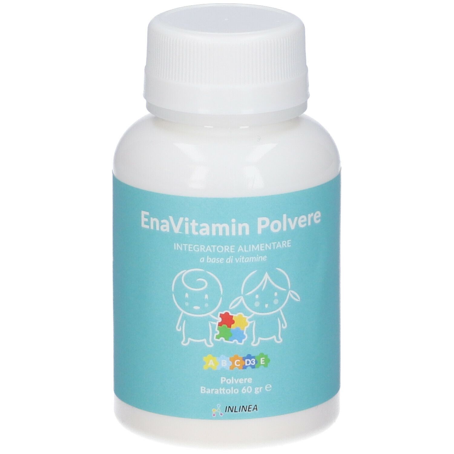 Flacone bianco con etichetta blu. Scritta: EnaVitamin Polvere, 60 g. Illustrazione di bambini e vitamine.