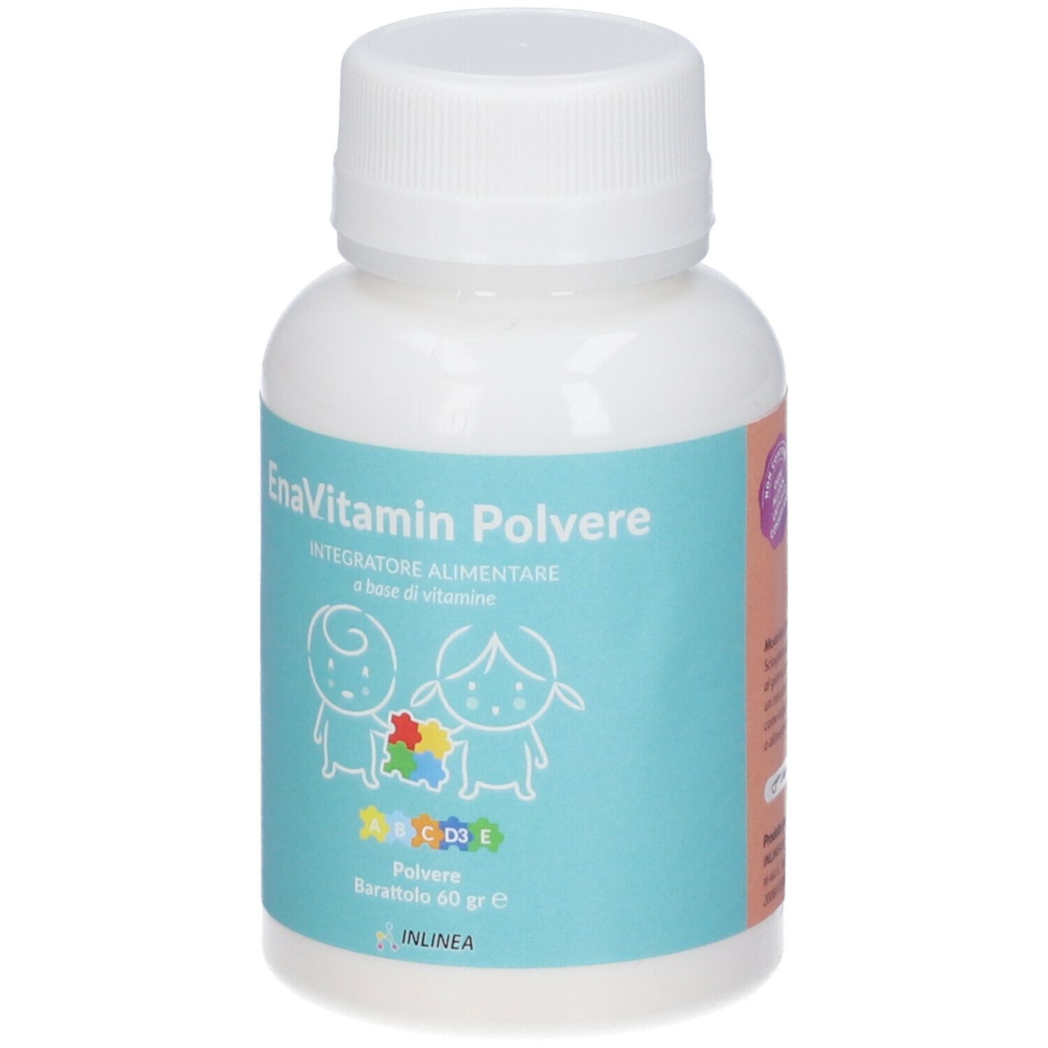 Flacone bianco con etichetta blu. Scritta: EnaVitamin Polvere, 60 g. Illustrazione di bambini e vitamine.