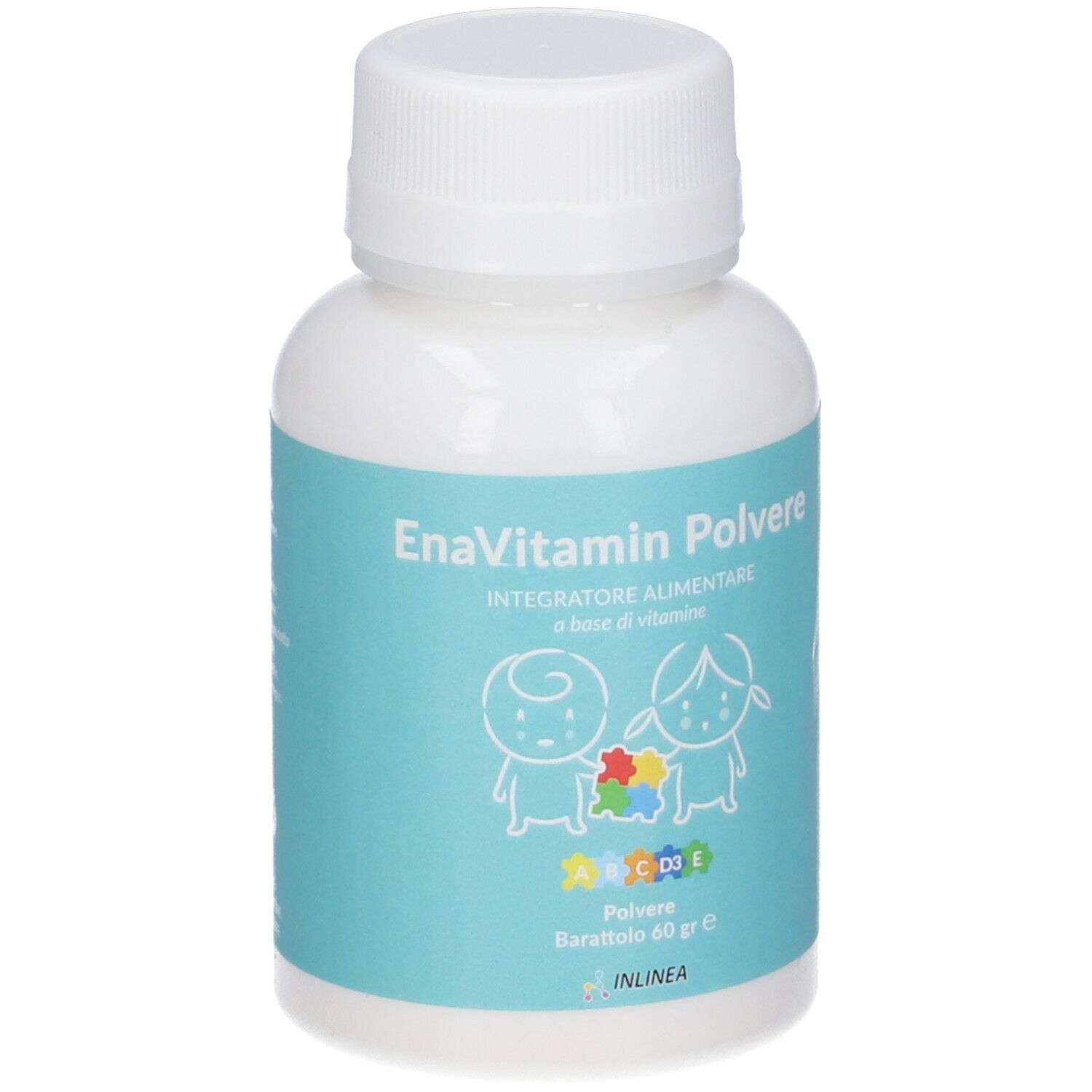 Flacone bianco con etichetta blu. Scritta: EnaVitamin Polvere, 60 g. Illustrazione di bambini e vitamine.