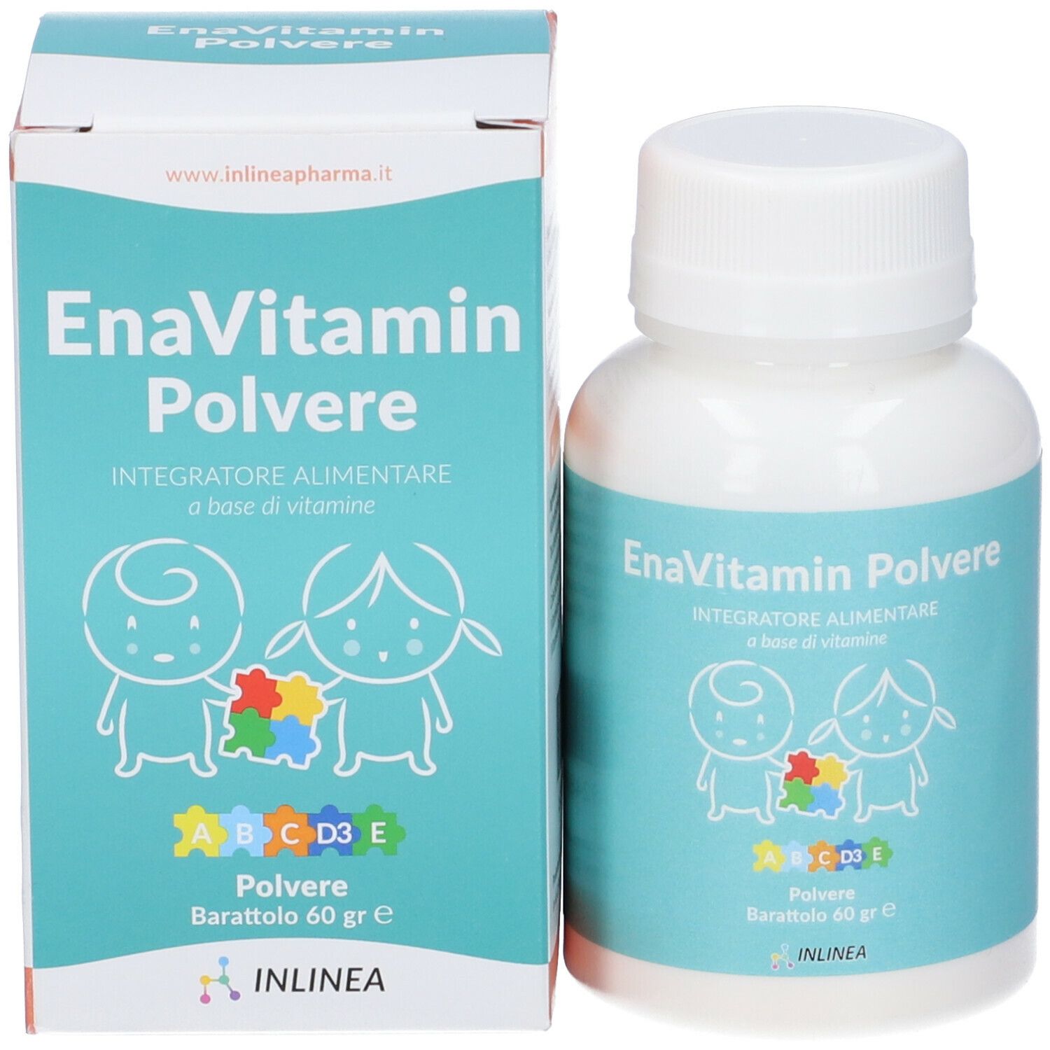 Confezione e flacone del prodotto. Scritta: EnaVitamin Polvere, 60 g. Illustrazione di bambini e vitamine. Scatola con logo.