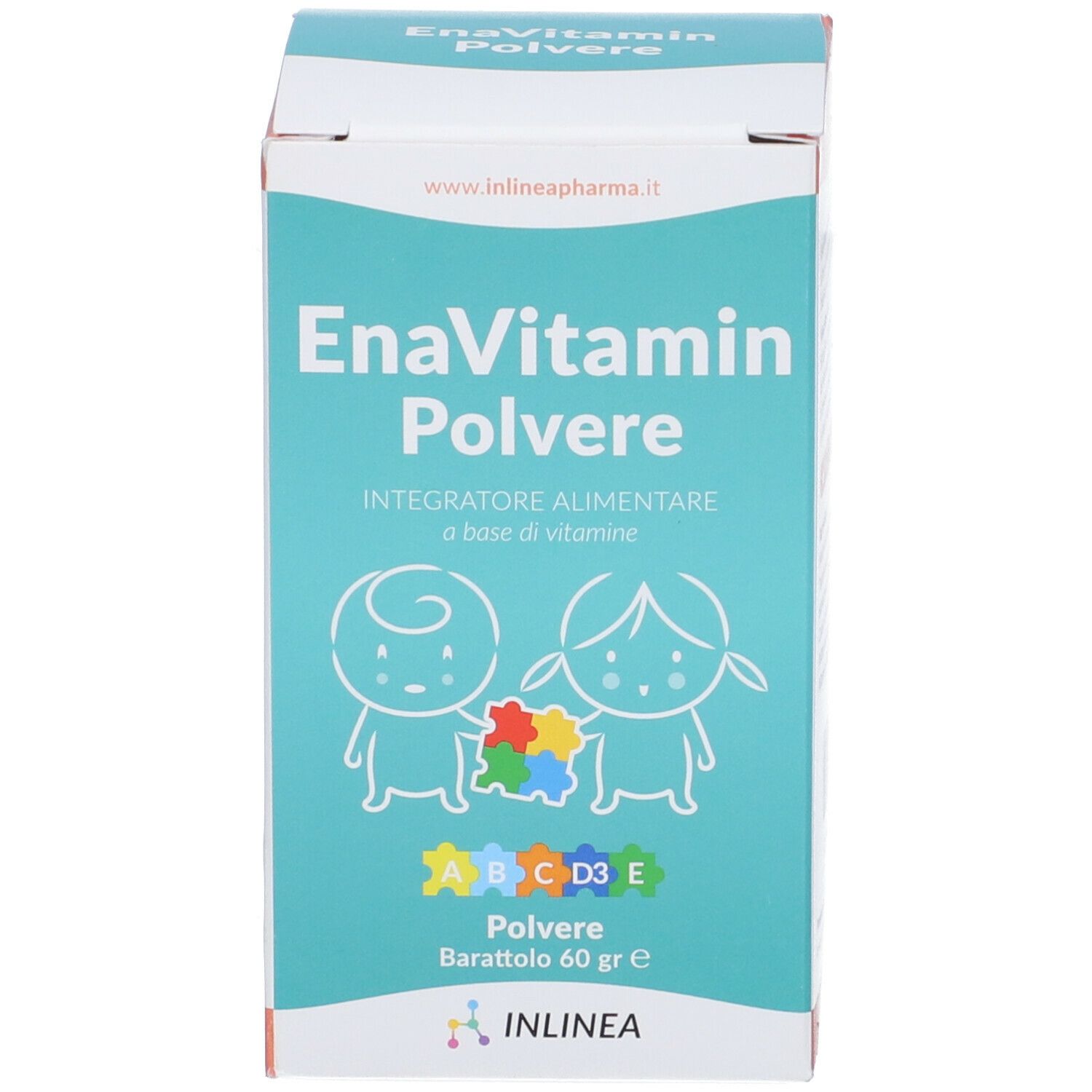 Confezione del prodotto. Scritta: EnaVitamin Polvere, 60 g. Illustrazione di bambini e vitamine. Scatola con logo.
