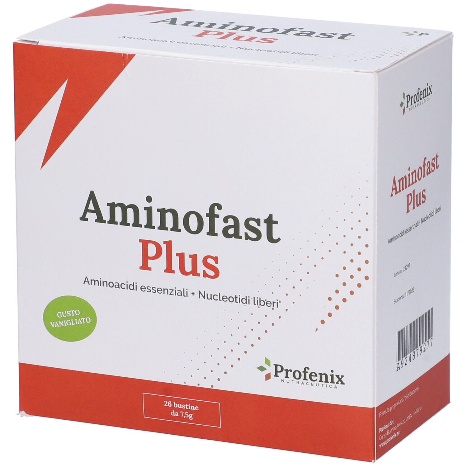 Scatola bianca Aminofast Plus. Contiene 28 bustine da 15g. Gusto vaniglia. Logo Proenix.