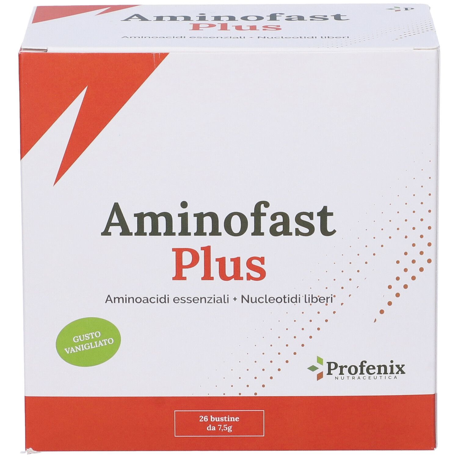 Scatola bianca Aminofast Plus. Contiene 28 bustine da 7,5g. Gusto vaniglia. Logo Proenix.