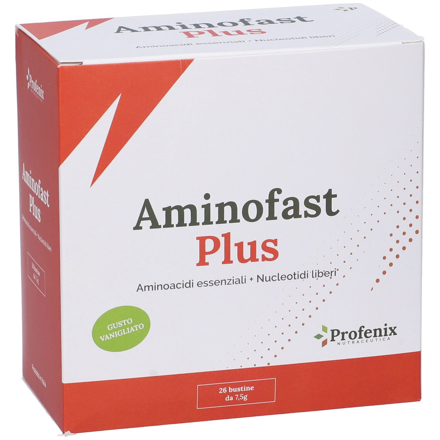 Scatola rossa e bianca Aminofast Plus. Contiene 28 bustine da 7,5g. Gusto vaniglia. Logo Proenix.
