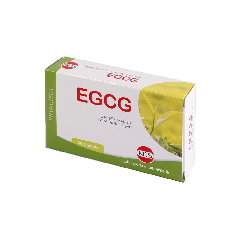 Confezione di capsule KOS EGCG. Scatola bianca con dettagli verdi. Scritta "EGCG" e "30 capsule".