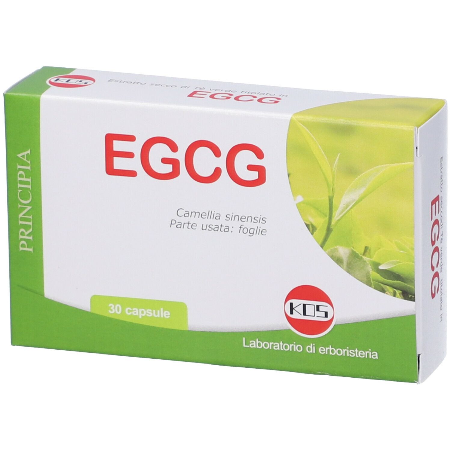 Confezione di capsule KOS EGCG. Scatola bianca con dettagli verdi. Scritta "EGCG" e "30 capsule".