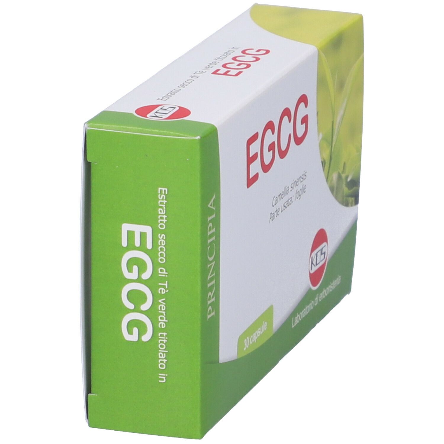 Confezione di capsule KOS EGCG. Scatola bianca con dettagli verdi. Scritta "EGCG" e "30 capsule".