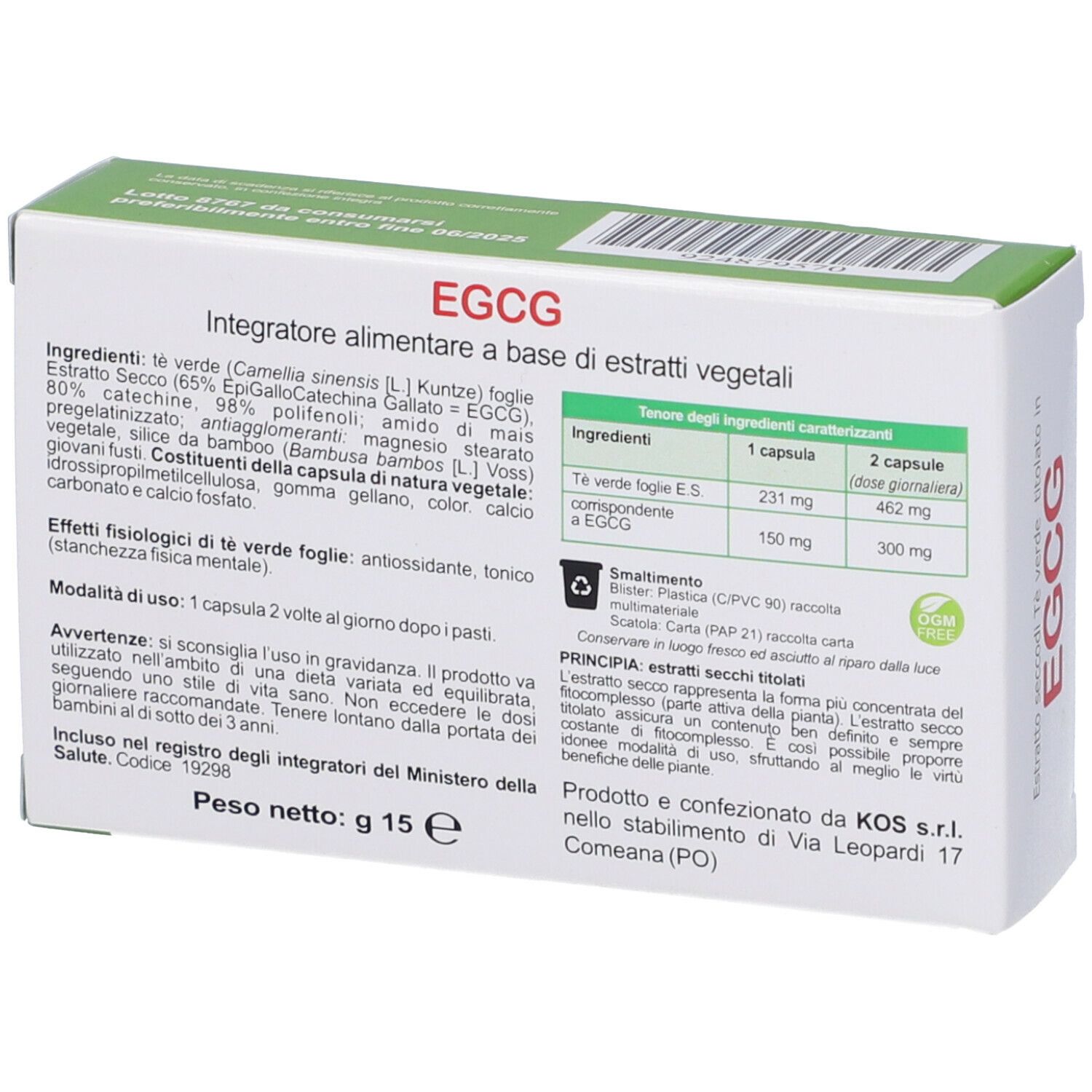 Retro della confezione di capsule KOS EGCG. Ingredienti e tabella nutrizionale. Testo in italiano.