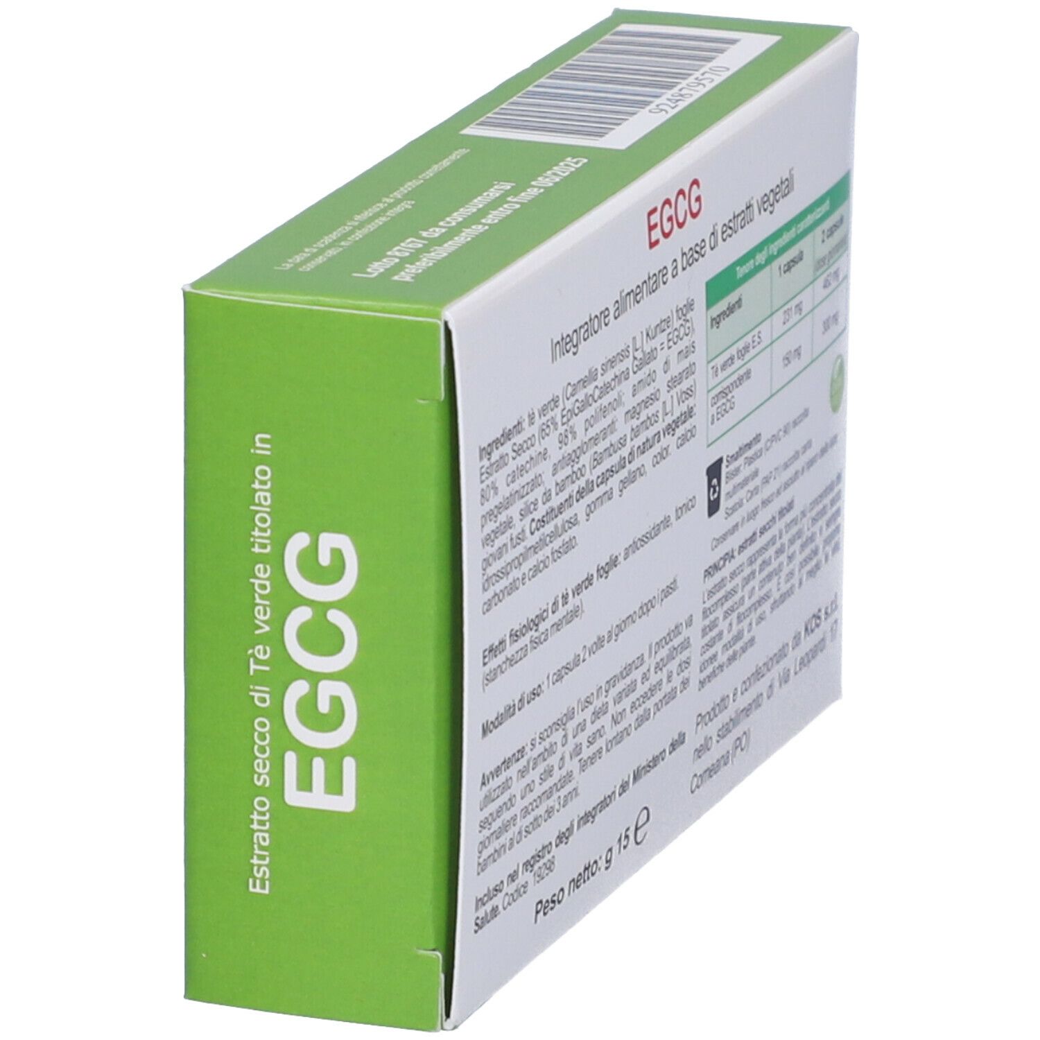 Lato della confezione di capsule KOS EGCG. Ingredienti. Testo in italiano.