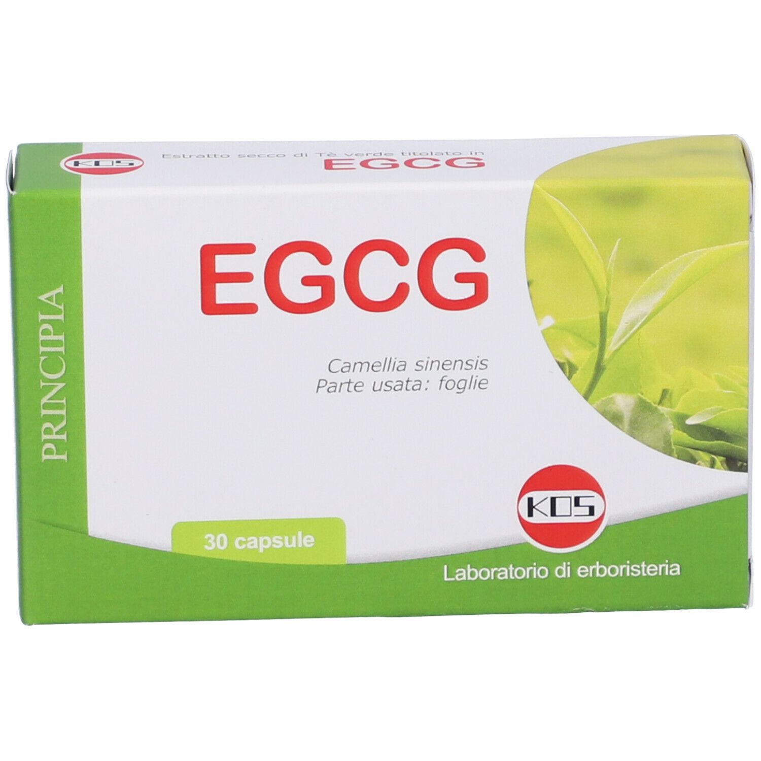 Confezione di capsule KOS EGCG. Scatola bianca con dettagli verdi. Scritta "EGCG" e "30 capsule".