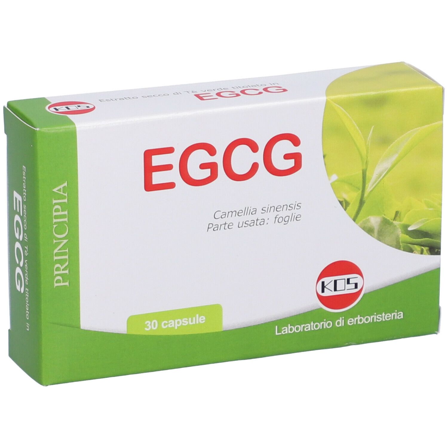 Confezione di capsule KOS EGCG. Scatola bianca con dettagli verdi. Scritta "EGCG" e "30 capsule".