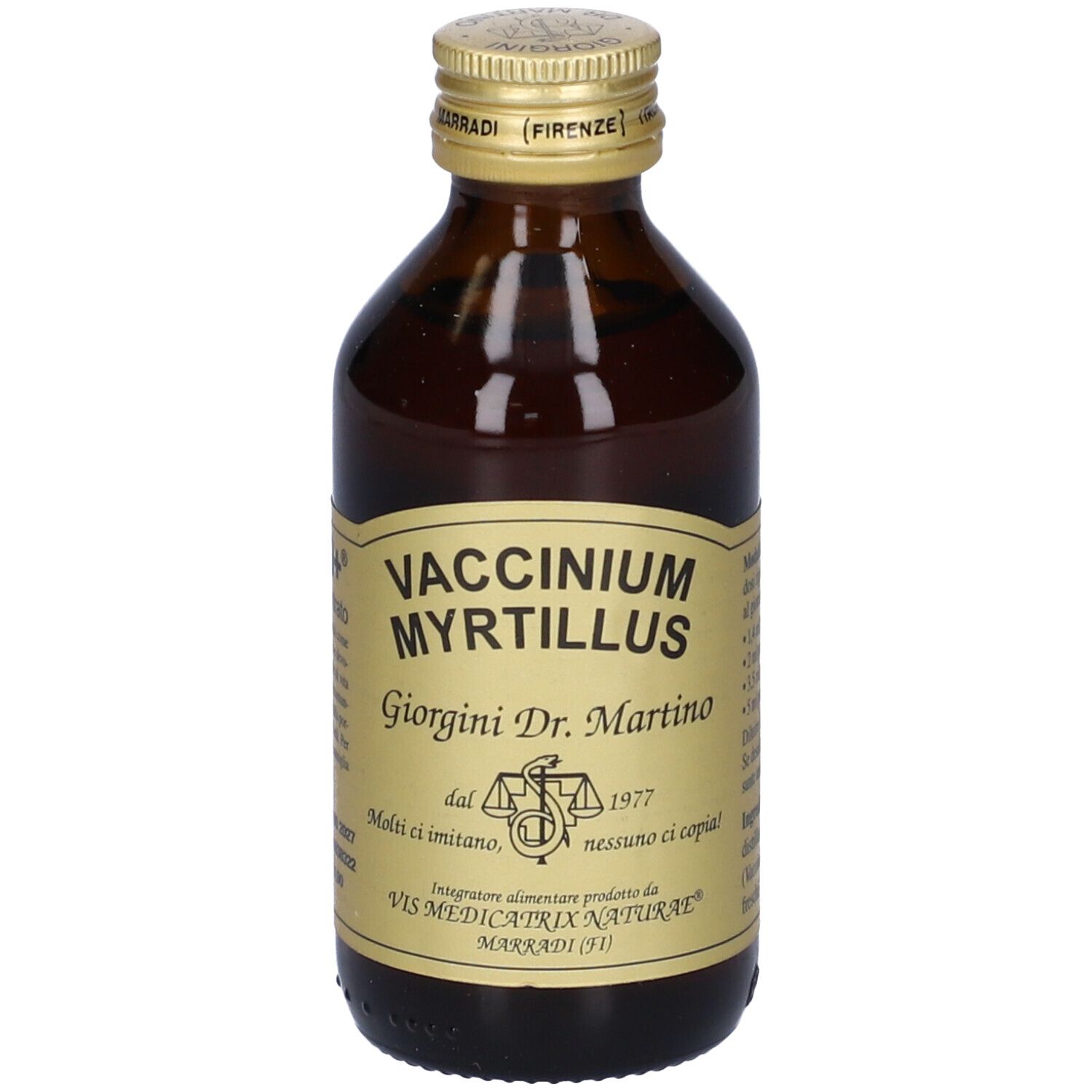 Flacone di vetro marrone con tappo dorato ed etichetta. Scritta: Vaccinium Myrtillus, Giorgini Dr. Martino.