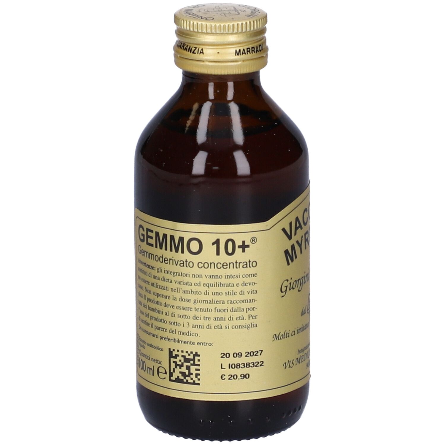 Flacone di vetro marrone con tappo dorato ed etichetta. Scritta: Gemmo 10+, Vaccinium Myrtillus, Giorgini Dr. Martino.