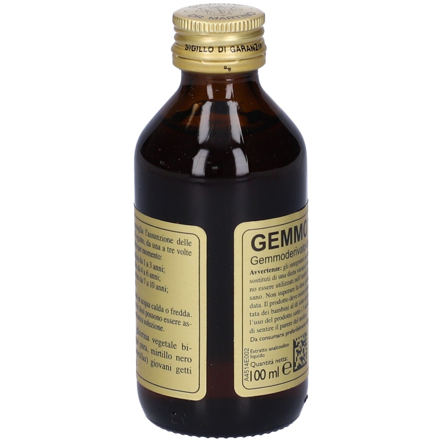 Flacone di vetro marrone con tappo dorato ed etichetta. Scritta: Gemmo 10+, Vaccinium Myrtillus, Giorgini Dr. Martino.