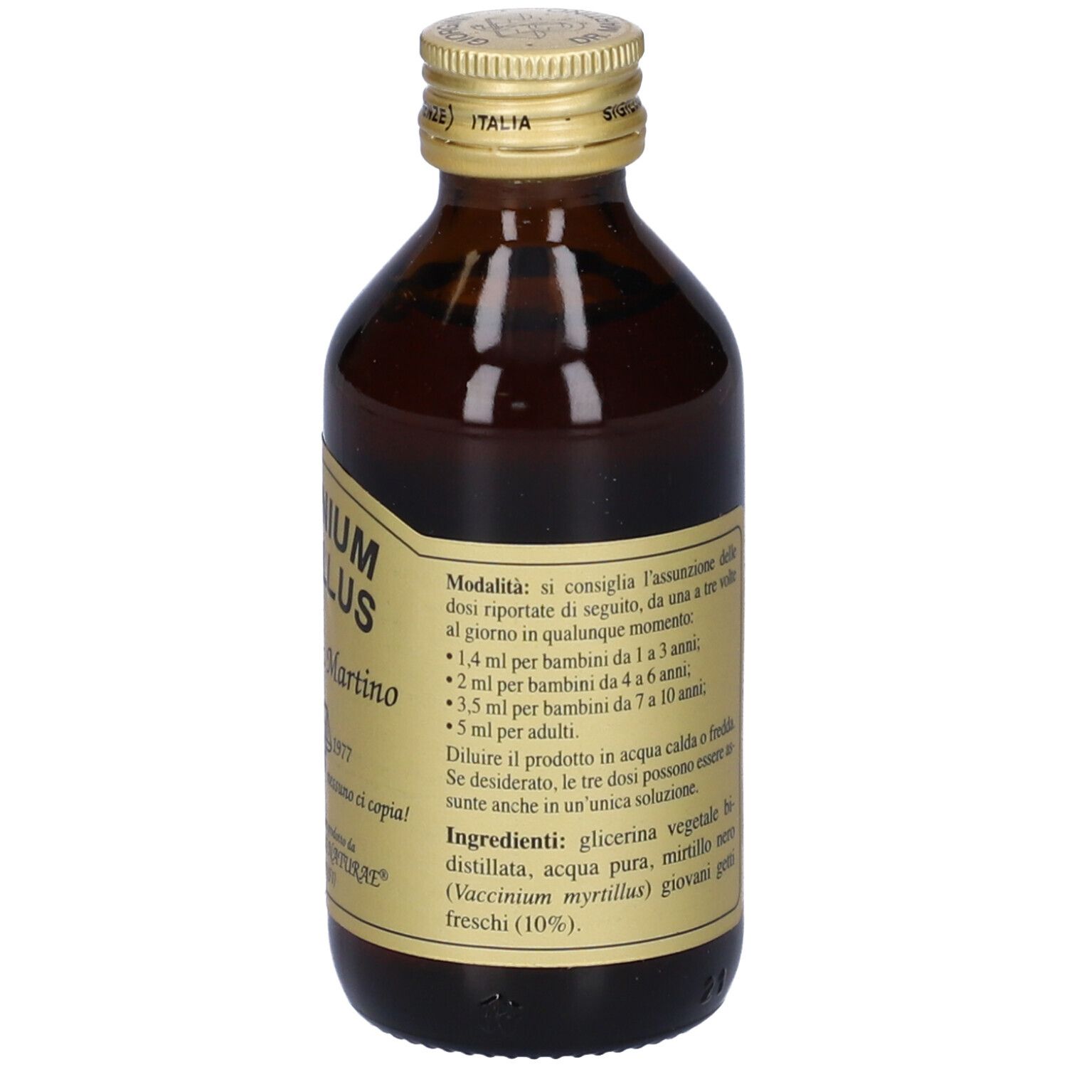 Flacone di vetro marrone con tappo dorato ed etichetta. Scritta: Vaccinium Myrtillus, Giorgini Dr. Martino.