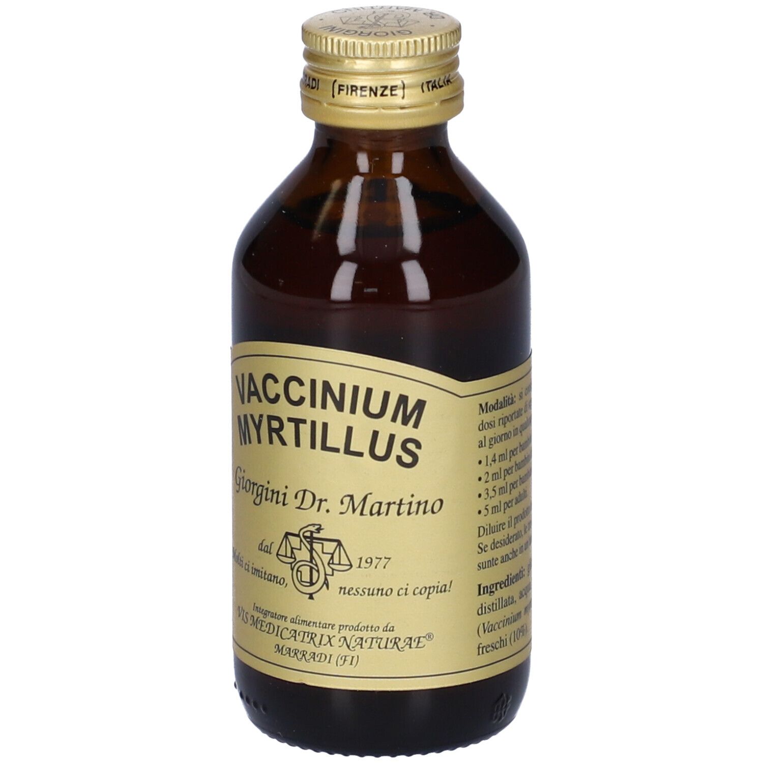 Flacone di vetro marrone con tappo dorato ed etichetta. Scritta: Vaccinium Myrtillus, Giorgini Dr. Martino.