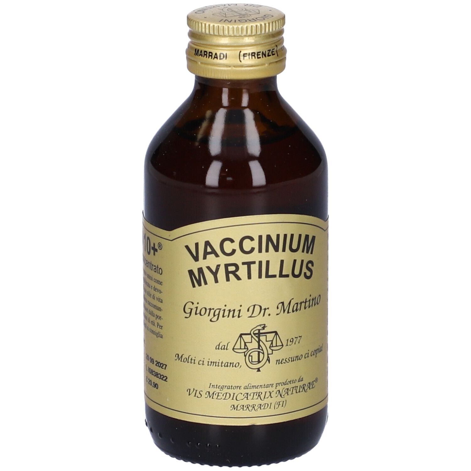 Flacone di vetro marrone con tappo dorato ed etichetta. Scritta: Gemmo 10+, Vaccinium Myrtillus, Giorgini Dr. Martino.