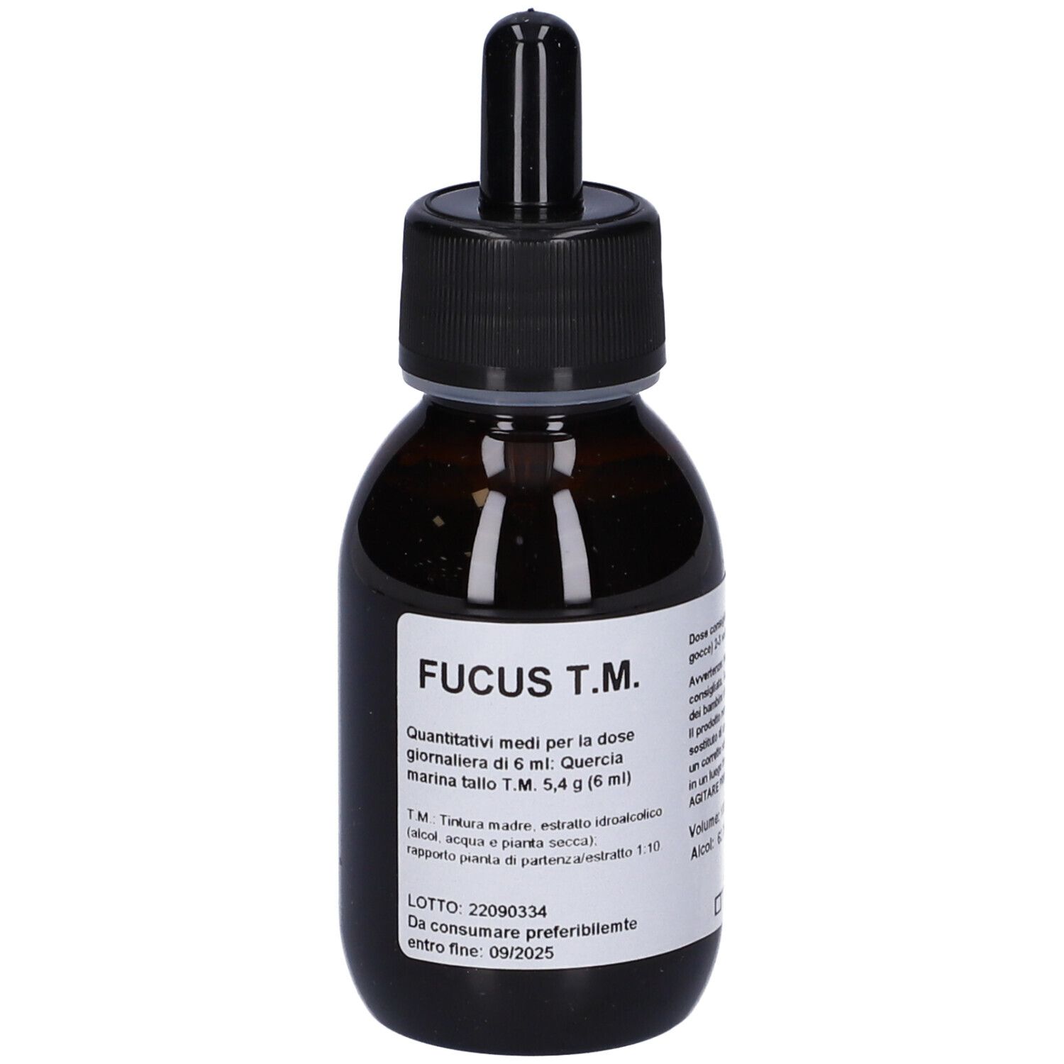 Flacone di vetro marrone con tappo nero e contagocce. Etichetta con testo. Nome prodotto: Fucus T.M.