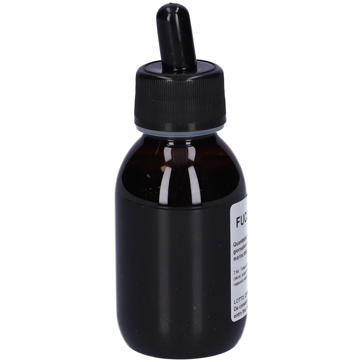 Flacone di vetro marrone con tappo nero e contagocce. Etichetta con testo. Nome prodotto: Fucus T.M.