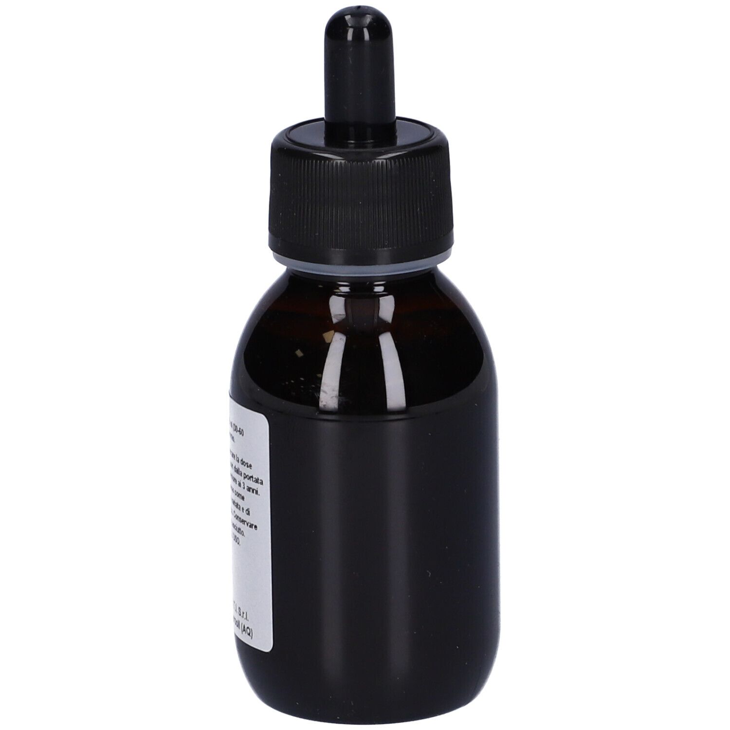 Flacone di vetro marrone con tappo nero e contagocce. Etichetta con testo. Nome prodotto: Fucus T.M.