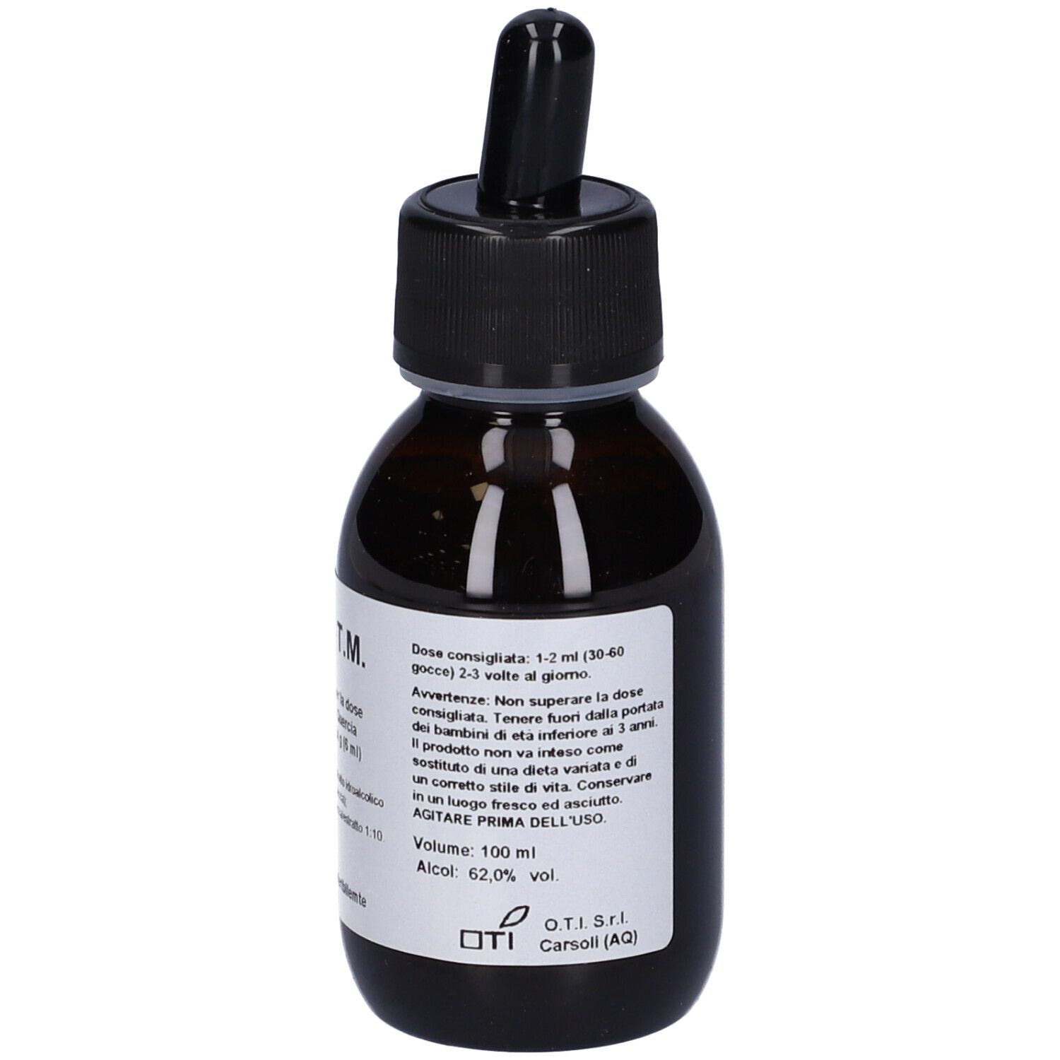 Flacone di vetro marrone con tappo nero e contagocce. Etichetta con testo. Nome prodotto: Fucus T.M.