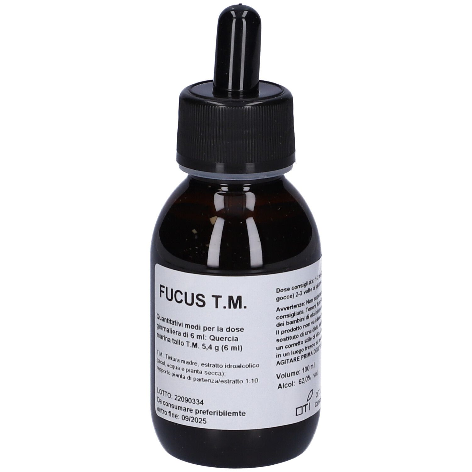 Flacone di vetro marrone con tappo nero e contagocce. Etichetta con testo. Nome prodotto: Fucus T.M.