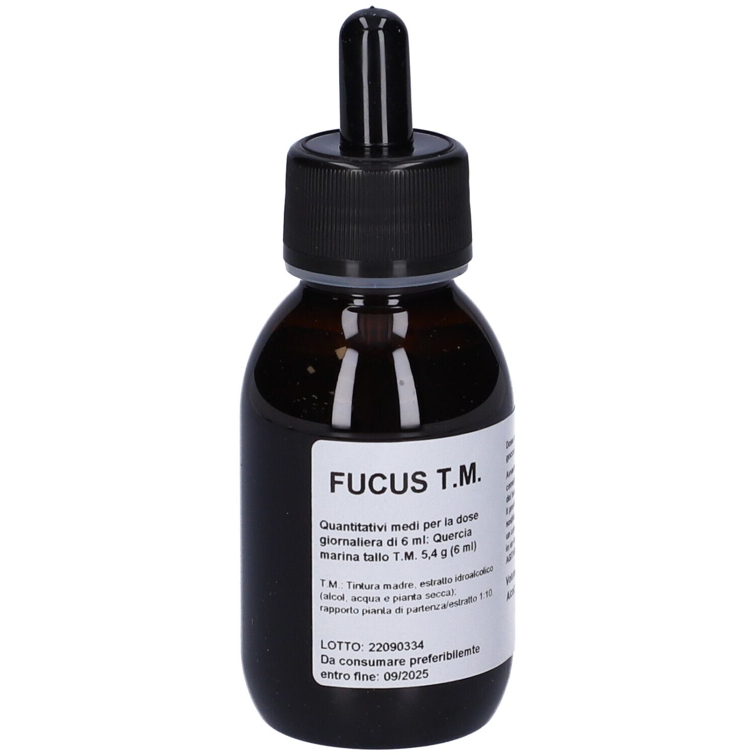 Flacone di vetro marrone con tappo nero e contagocce. Etichetta con testo. Nome prodotto: Fucus T.M.