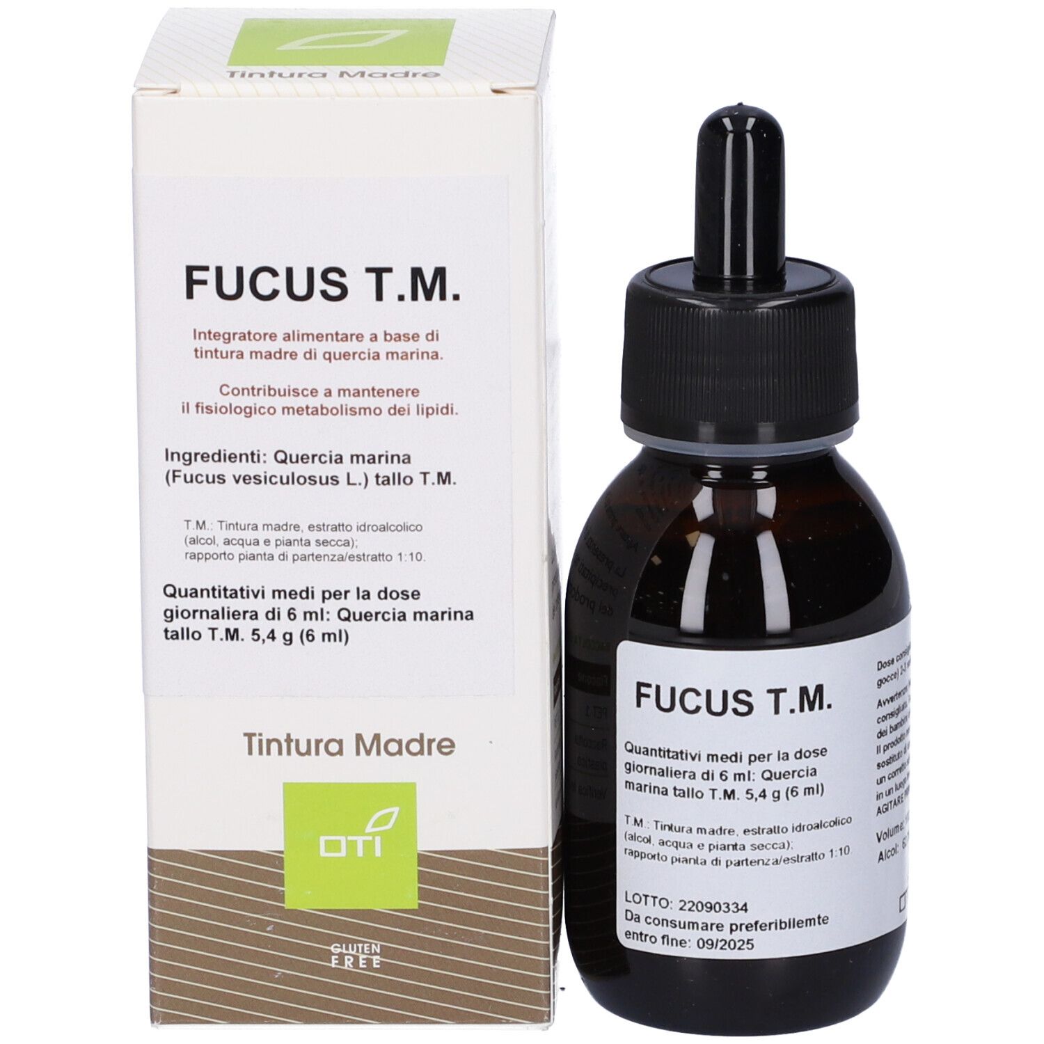 Flacone di vetro marrone con tappo nero e contagocce, accanto a una scatola bianca. Nome prodotto: Fucus T.M.