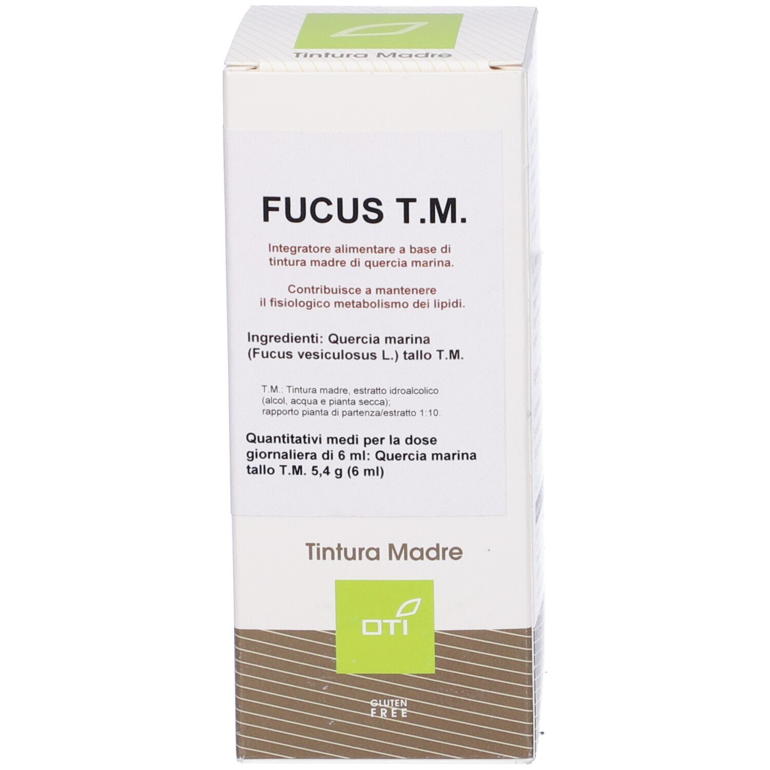 Scatola bianca con testo e logo. Nome prodotto: Fucus T.M. e logo.