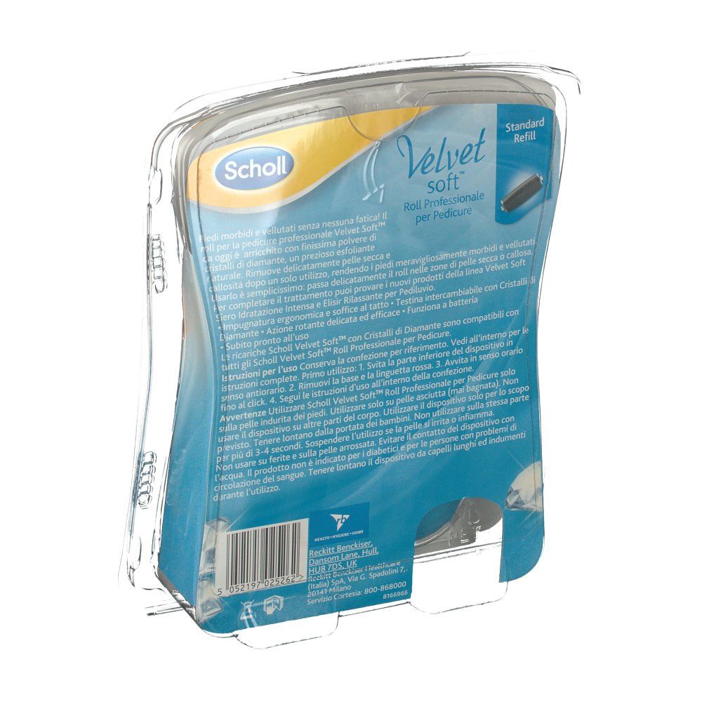 Retro della confezione Scholl Velvet Soft. Testo e informazioni sul prodotto. Ricarica standard.