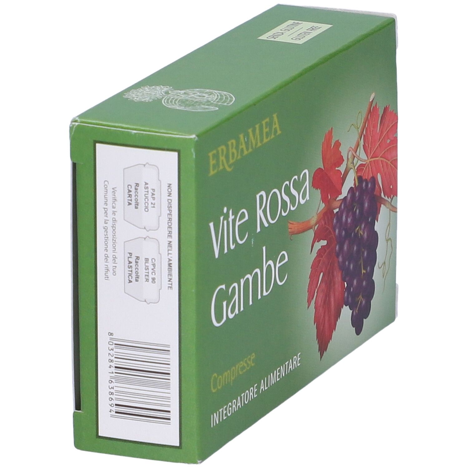 Grüne Schachtel Erbamea Vite Rossa Gambe Compresse. Seitenansicht mit Barcode und Text.