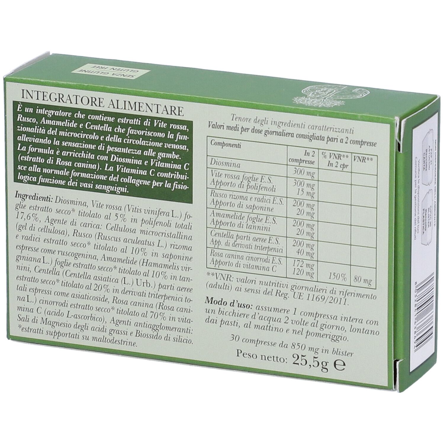 Rückseite der grünen Schachtel Erbamea Vite Rossa Gambe Compresse. Text über Inhaltsstoffe und Nährwerte.