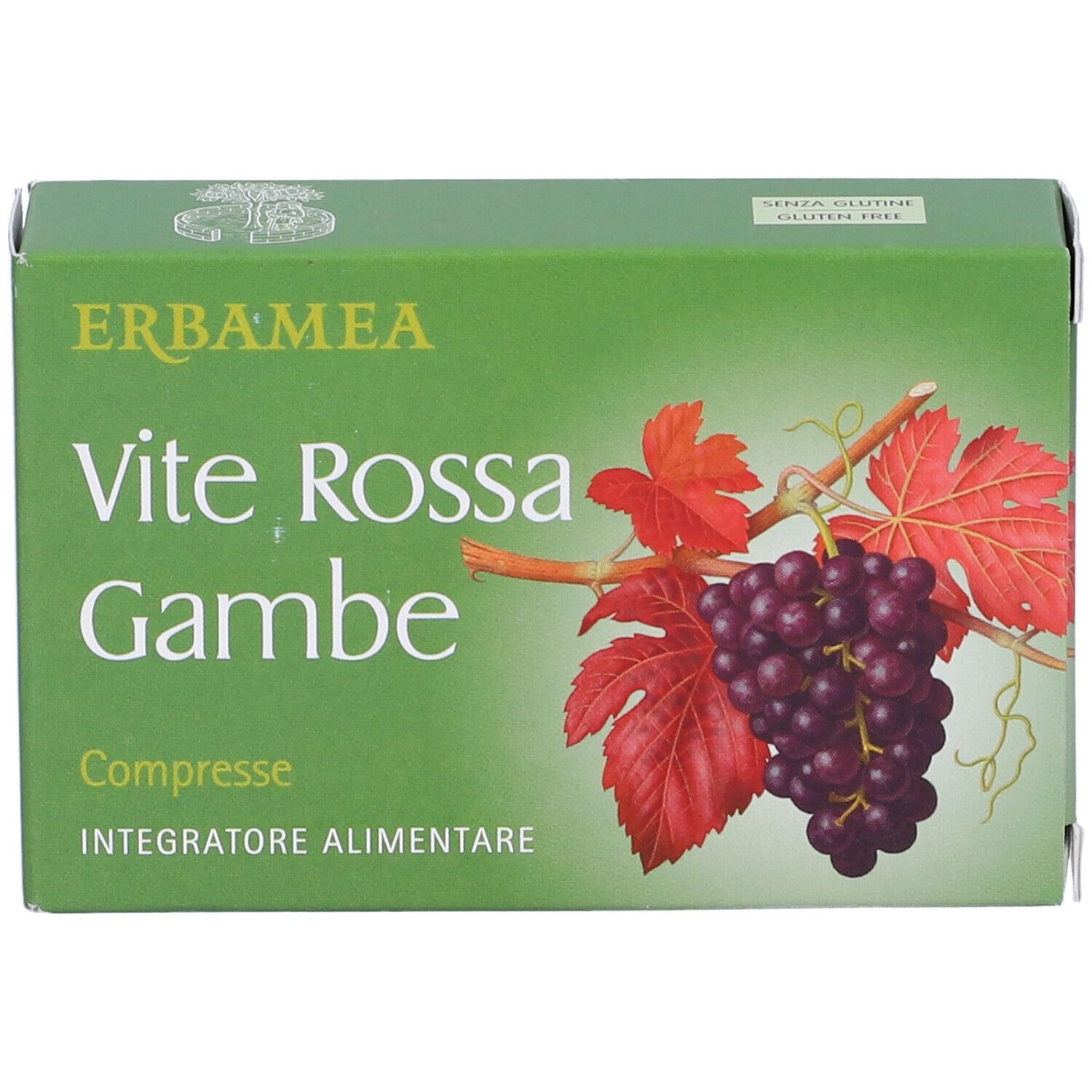 Grüne Schachtel Erbamea Vite Rossa Gambe Compresse. Vorderansicht mit Produktnamen und Trauben.