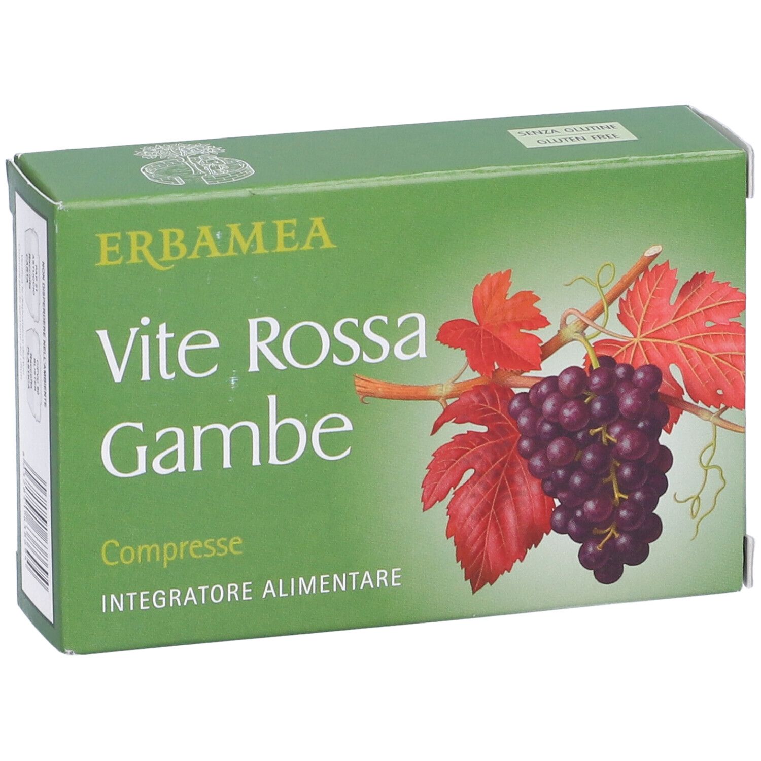 Grüne Schachtel Erbamea Vite Rossa Gambe Compresse. Vorderansicht mit Produktnamen und Trauben.