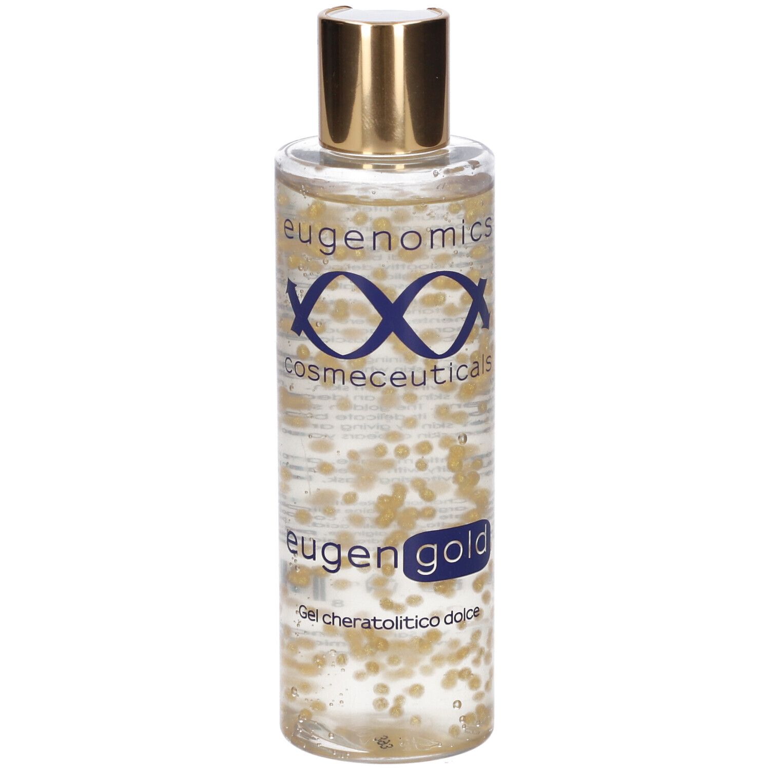 Flacone trasparente con sfere dorate. Scritte: Eugenomics, eugen gold, Gel cheratolitico dolce.