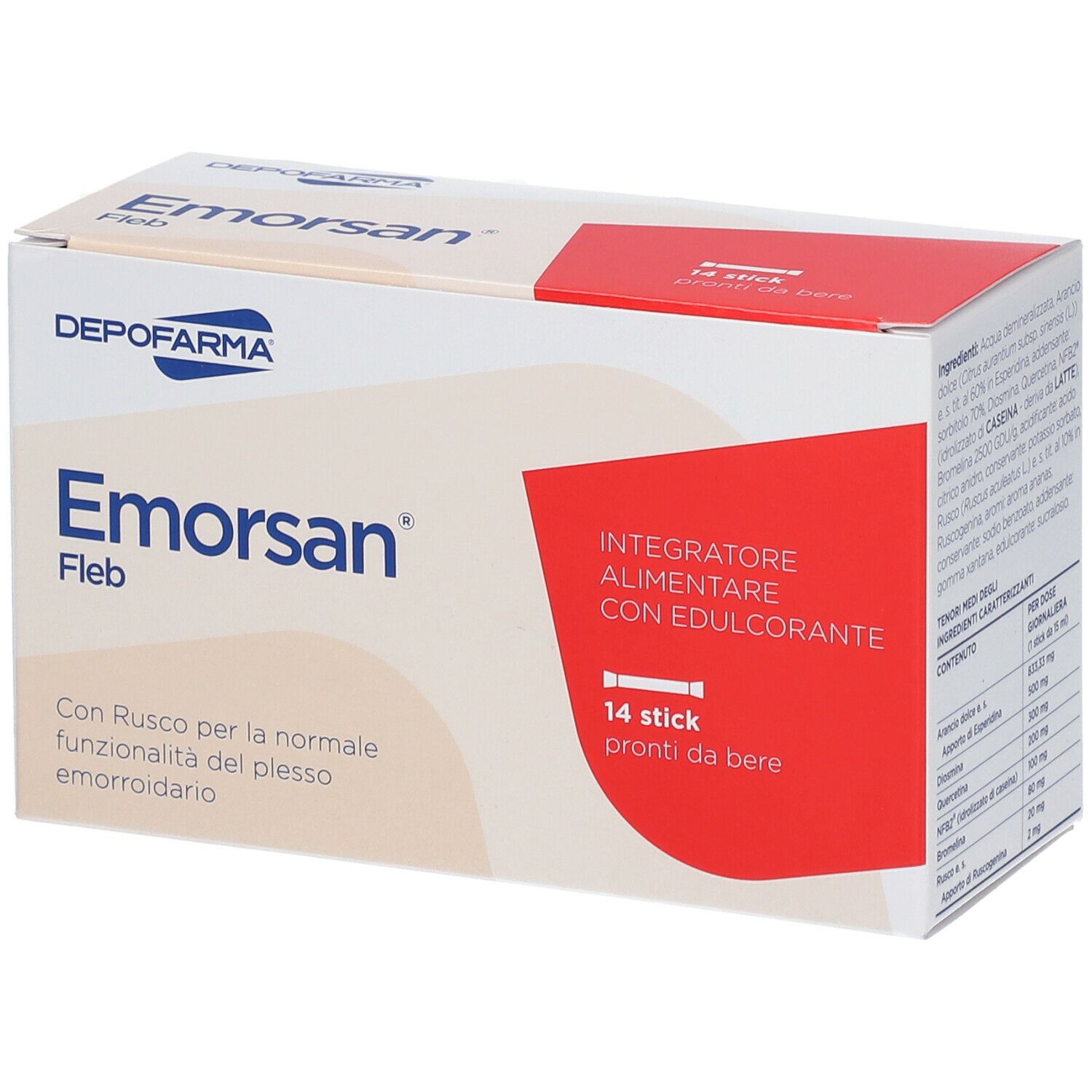 Scatola Emorsan Fleb. Contiene 14 stick pronti da bere. Marchio Depofarma. Testo: 'Integratore alimentare con edulcorante'.