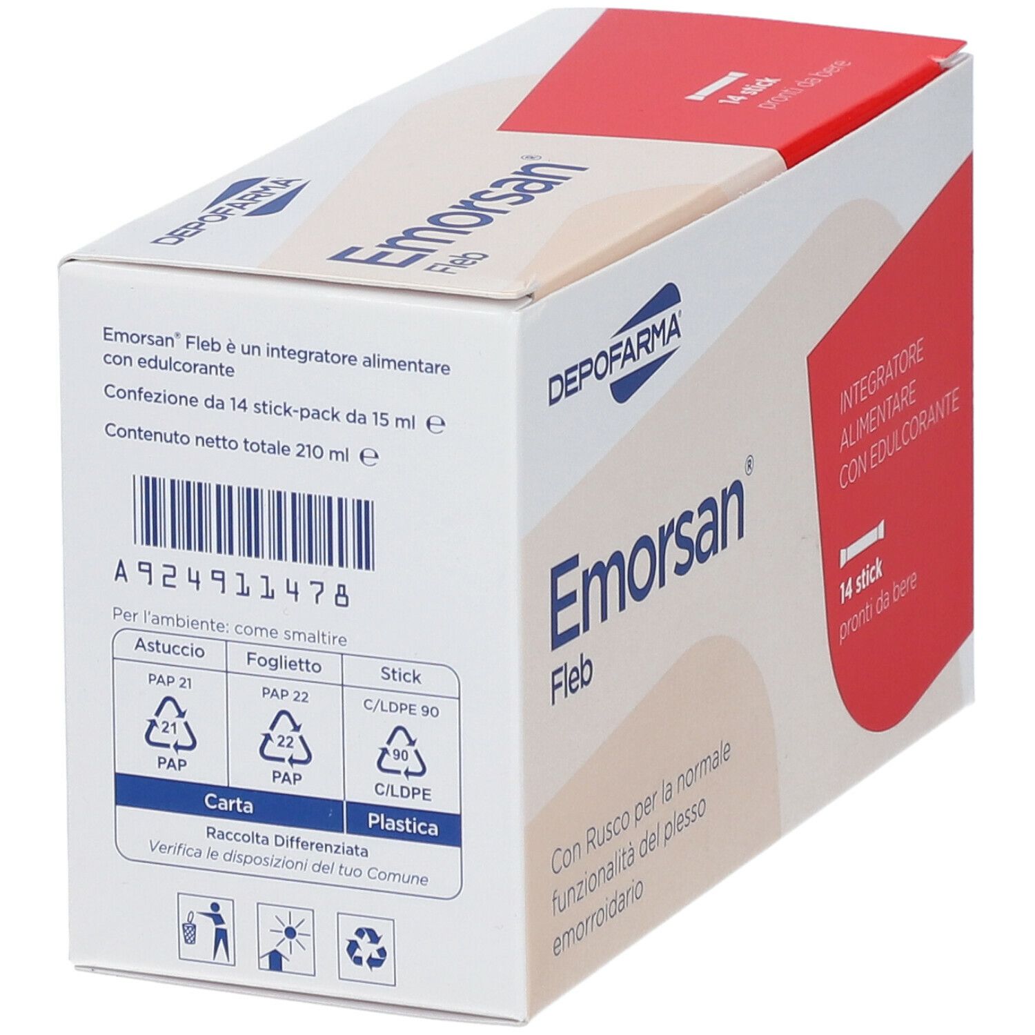 Scatola Emorsan Fleb. Contiene 14 stick pronti da bere. Marchio Depofarma. Testo: 'Integratore alimentare con edulcorante'.