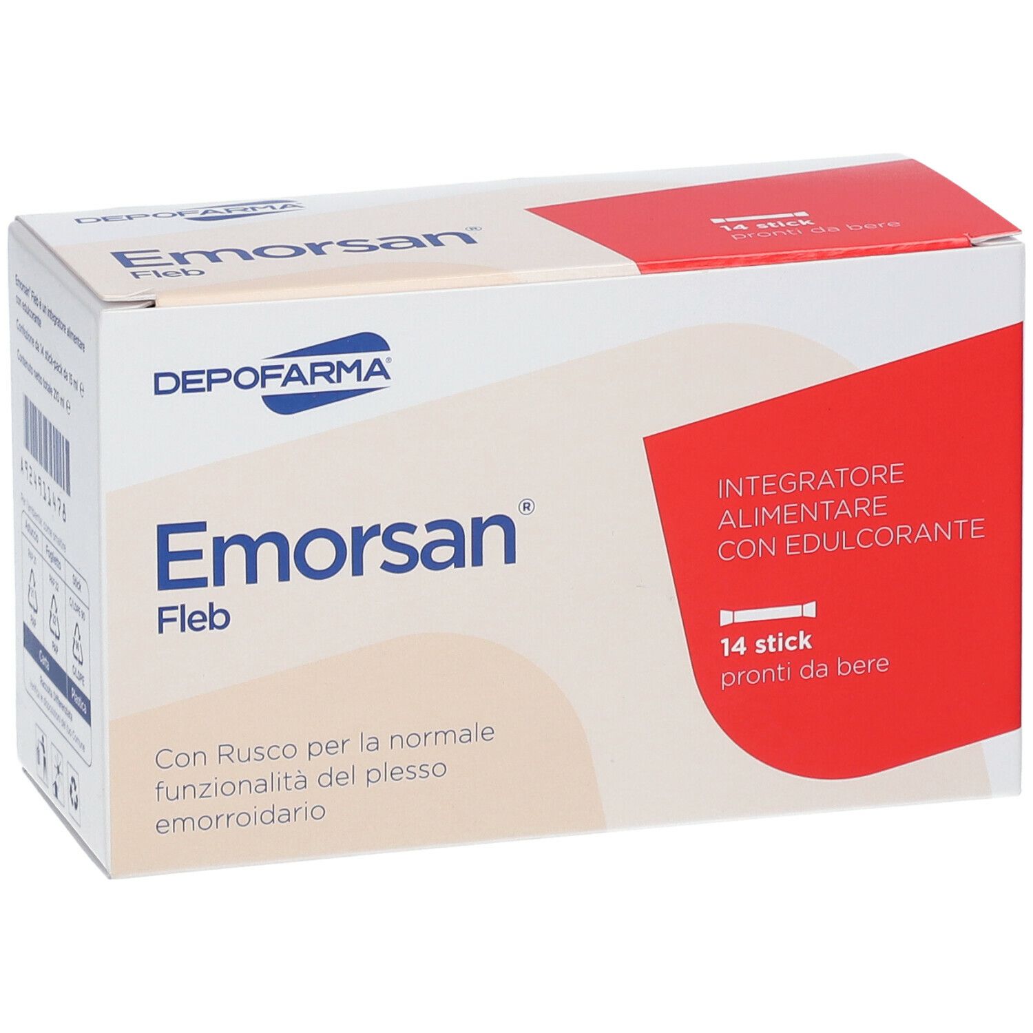 Scatola Emorsan Fleb. Contiene 14 stick pronti da bere. Marchio Depofarma. Testo: 'Integratore alimentare con edulcorante'.