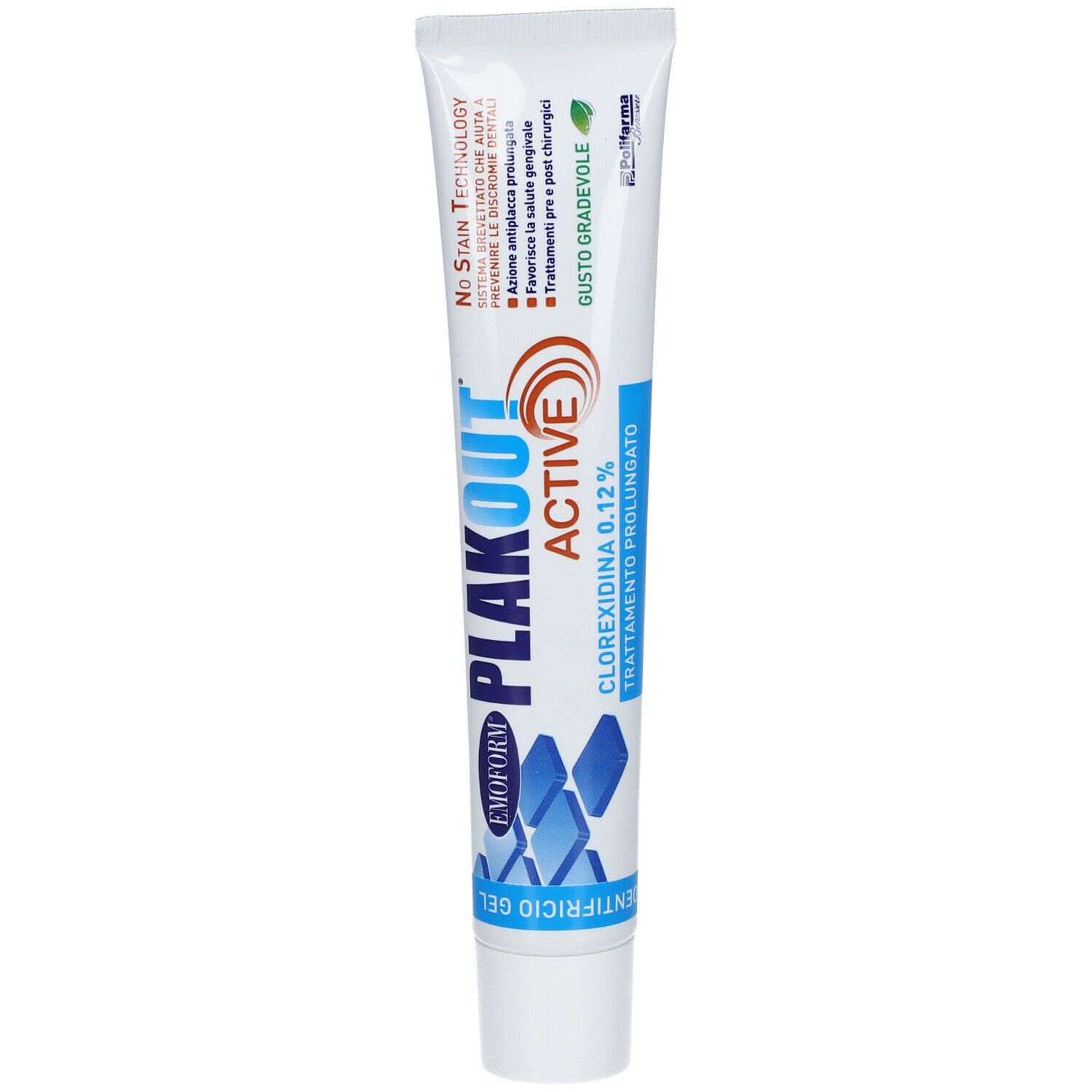 Tubo di dentifricio. Emoform Plak Out Active, 0,12% clorexidina. Tubo blu e bianco. Testo: Trattamento di mantenimento.