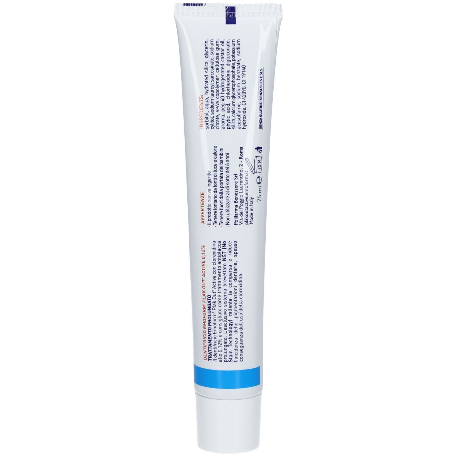 Retro del tubetto di dentifricio. Ingredienti e avvertenze. Emoform Plak Out Active.