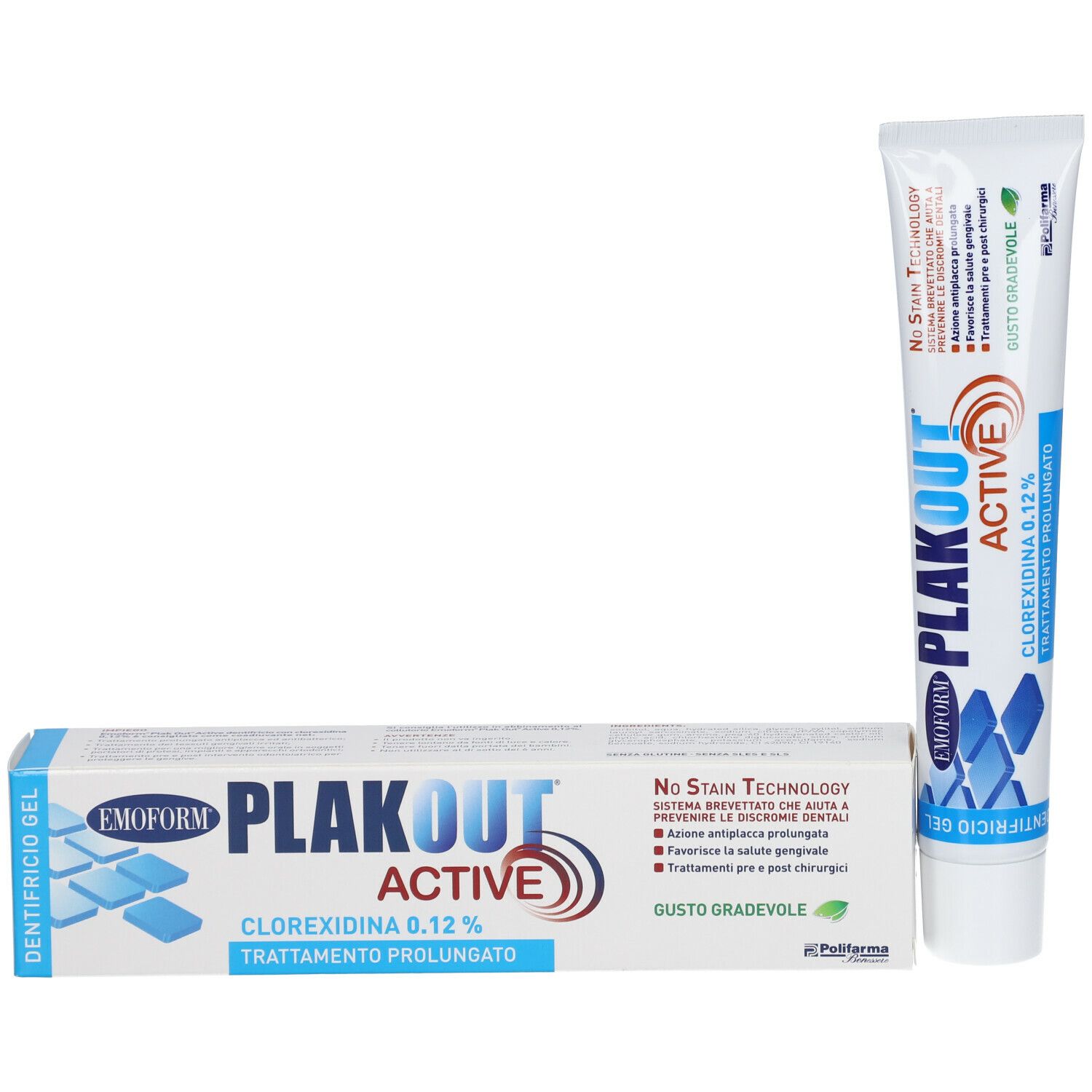 Tubo e scatola di dentifricio. Emoform Plak Out Active, 0,12% clorexidina. Confezione blu e bianca.