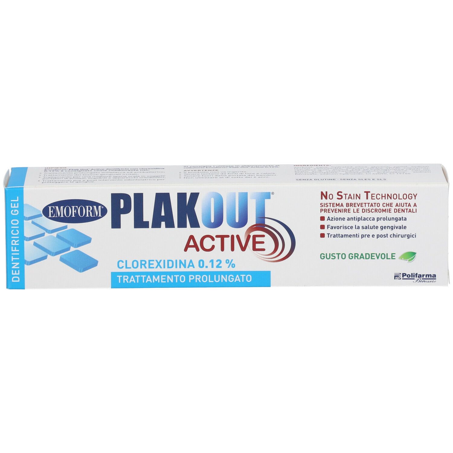 Scatola di dentifricio. Emoform Plak Out Active, 0,12% clorexidina. Testo: Trattamento di mantenimento.